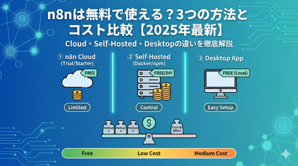 n8nは無料で使える？3つの方法とコスト比較【2025年最新】